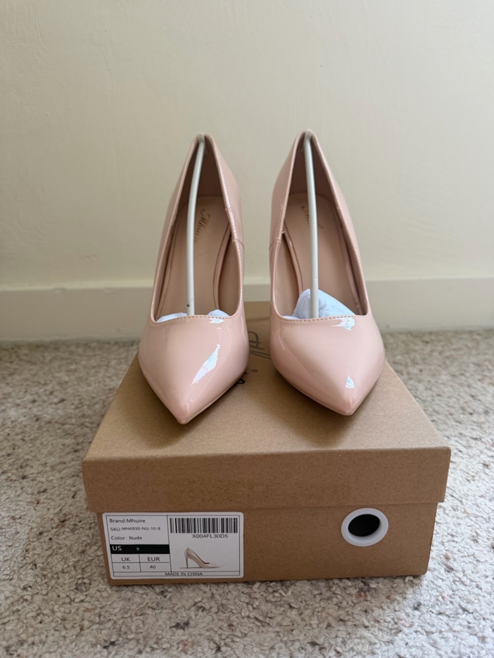 Mhuire Nude Patent Leather Stiletto Heels | Size 9 | Classic Pointed Toe Pumps